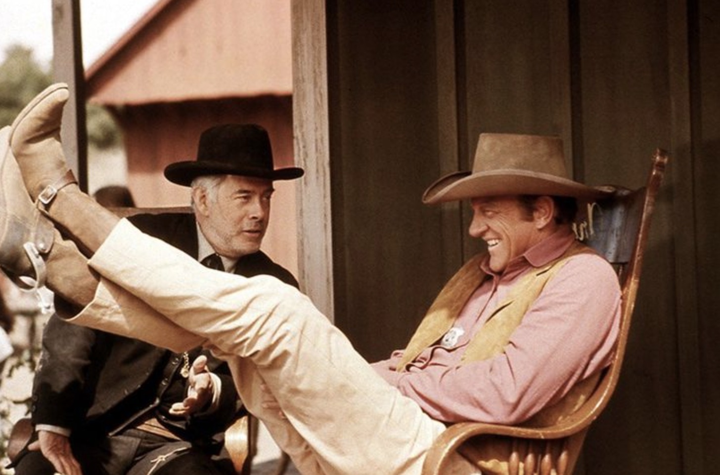 James Arness relaxing on set